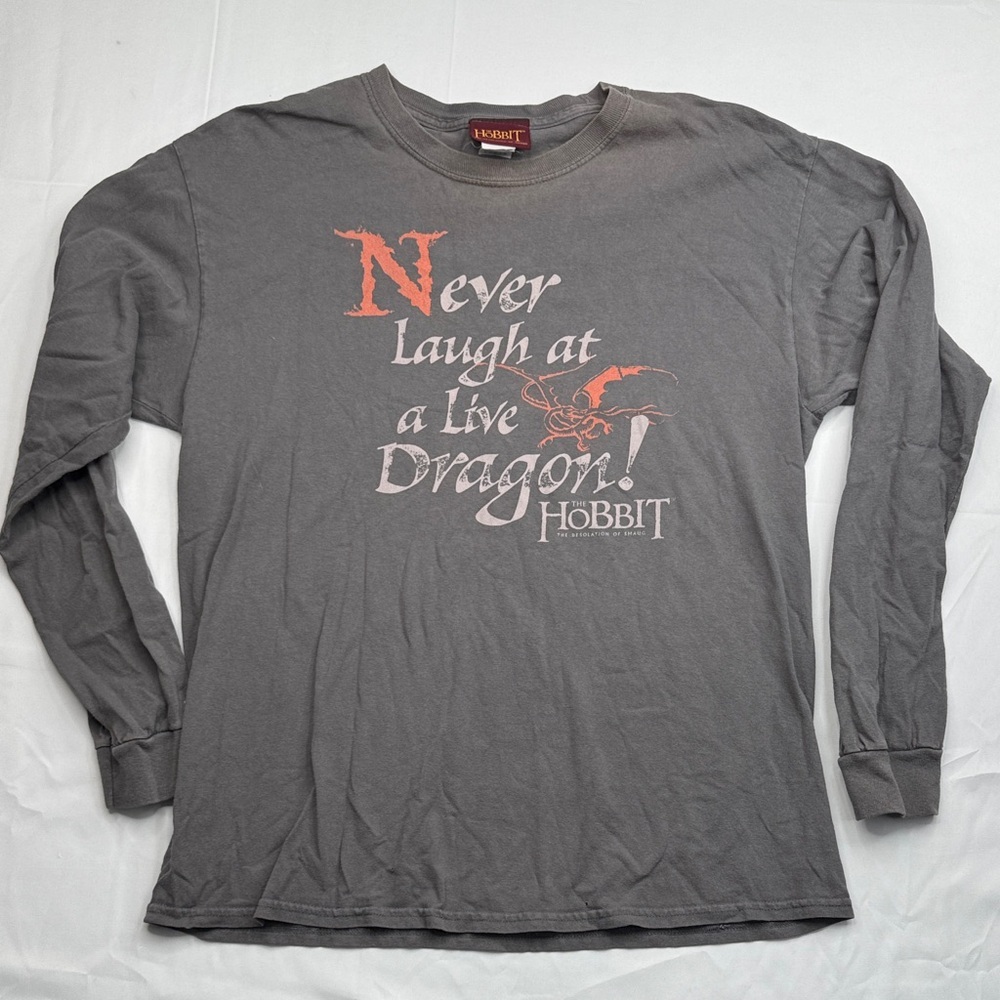 Gray Long Sleeve tee t shirt hobbit lord of the rings never laugh dragon Smaug